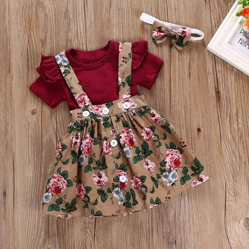 Baby Girl Floral Print Dress Romper Headband Clothes Set - Simply Great Gear