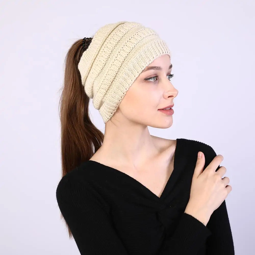 Women Winter Knitted Ponytail Beanies